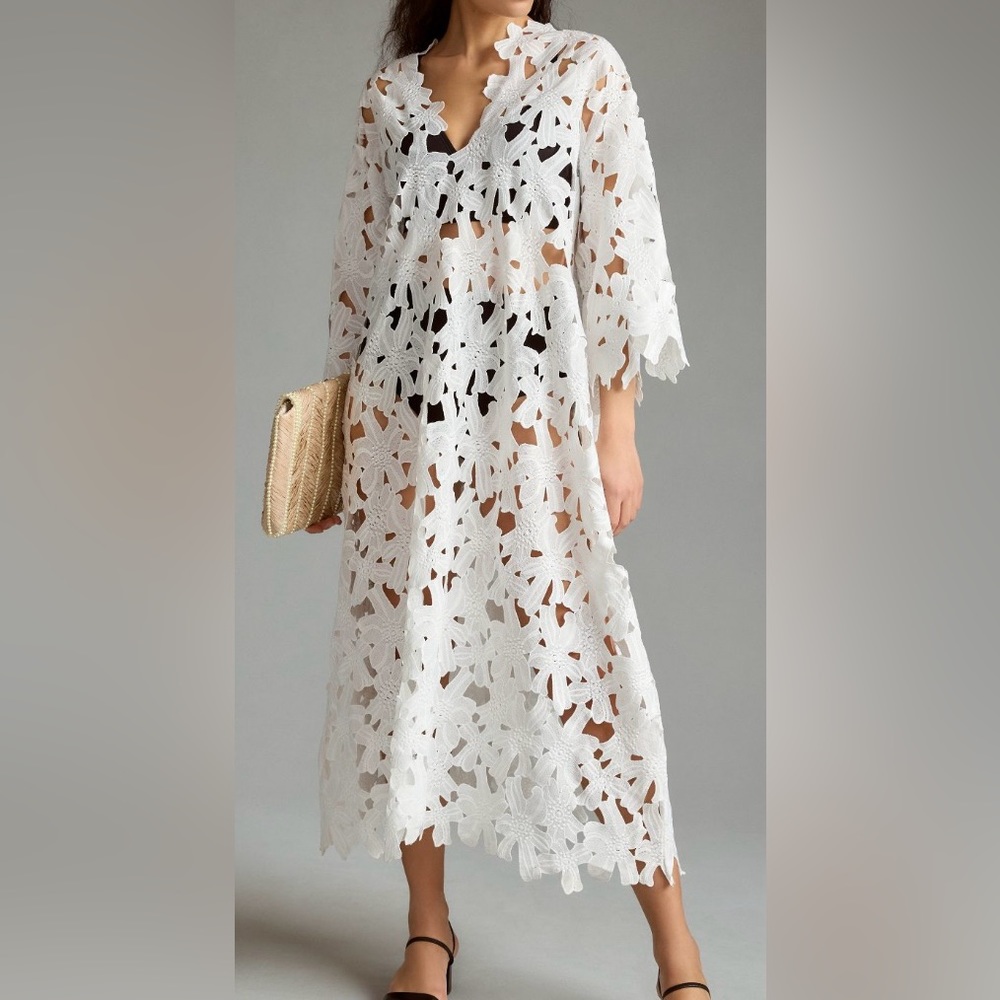 Anthropologie White Floral Kaftan Dress/CoverUp
